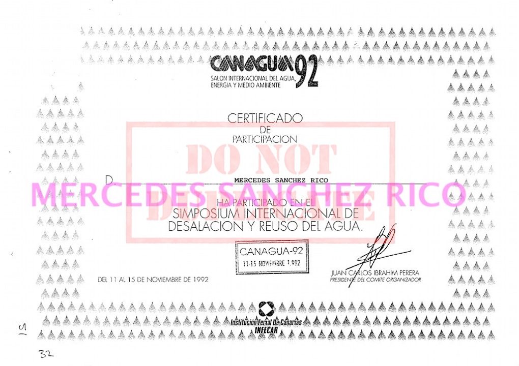 Diploma del "Simposio Internacional de Desalación y Reuso del Agua Canagua" Mercedes Sánchez Rico. Ingeniero Civil – Las Palmas de Gran Canaria. @mercedesitop