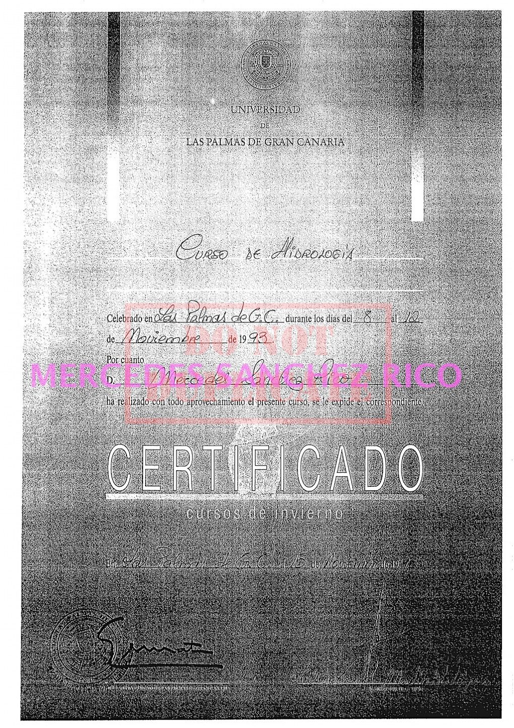 Certificado de Curso de Hidrología de  Mercedes Sánchez Rico. Ingeniero Civil – Las Palmas de Gran Canaria. @mercedesitop