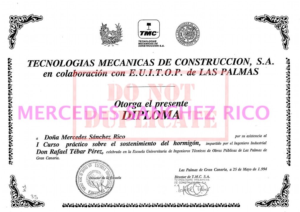 Diploma del curso de Sostenimiento del Hormigón primer curso práctico de  Mercedes Sánchez Rico. Ingeniero Civil – Las Palmas de Gran Canaria. @mercedesitop