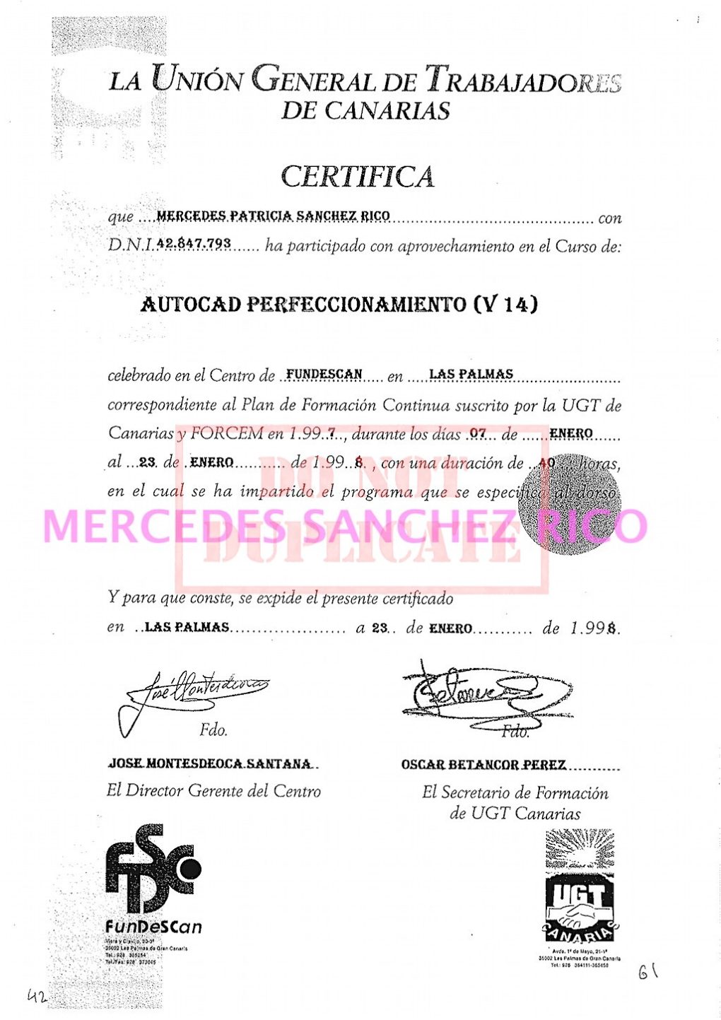 Diploma del "Curso de Perfeccionamiento de AutoCAD" de  Mercedes Sánchez Rico. Ingeniero Civil – Las Palmas de Gran Canaria. @mercedesitop