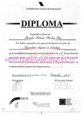 Diploma del "Curso de Seguridad e Higiene en el Trabajo" de  Mercedes Sánchez Rico. Ingeniero Civil – Las Palmas de Gran Canaria. @mercedesitop