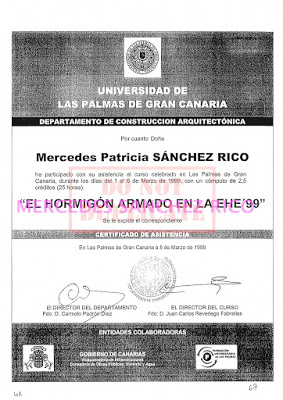 Diploma del "Curso de Hormigón Armado en la EHE-99" de  Mercedes Sánchez Rico. Ingeniero Civil – Las Palmas de Gran Canaria. @mercedesitop