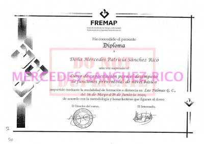 Diploma del "Curso de Capacitación para el desempeño de Funciones Preventivas de Nivel Básico en Prevención de Riesgos Laborales" de Mercedes Sánchez Rico. Ingeniero Civil – Las Palmas de Gran Canaria. @mercedesitop