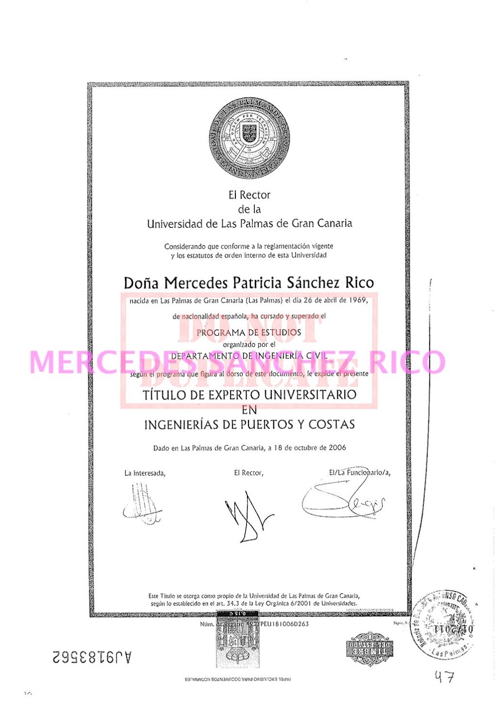 Diploma de "Experto en Ingeniería de Puertos y Costas" de Mercedes Sánchez Rico. Ingeniero Civil – Las Palmas de Gran Canaria. @mercedesitop