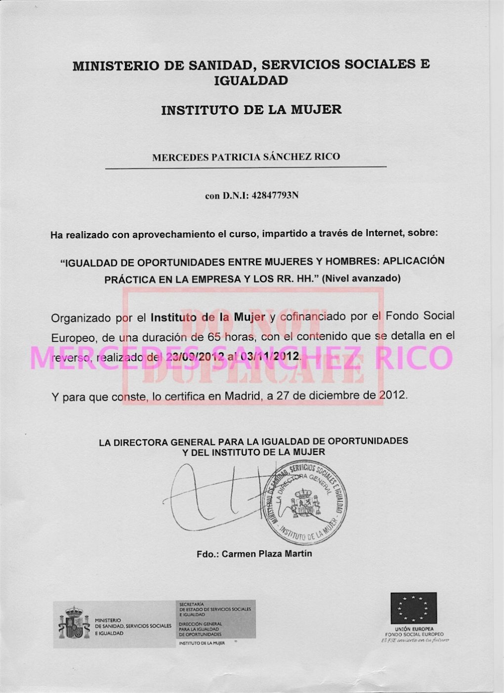 Diploma del "Curso Igualdad de Oportunidades entre Mujeres y Hombres" de  Mercedes Sánchez Rico. Ingeniero Civil – Las Palmas de Gran Canaria. @mercedesitop