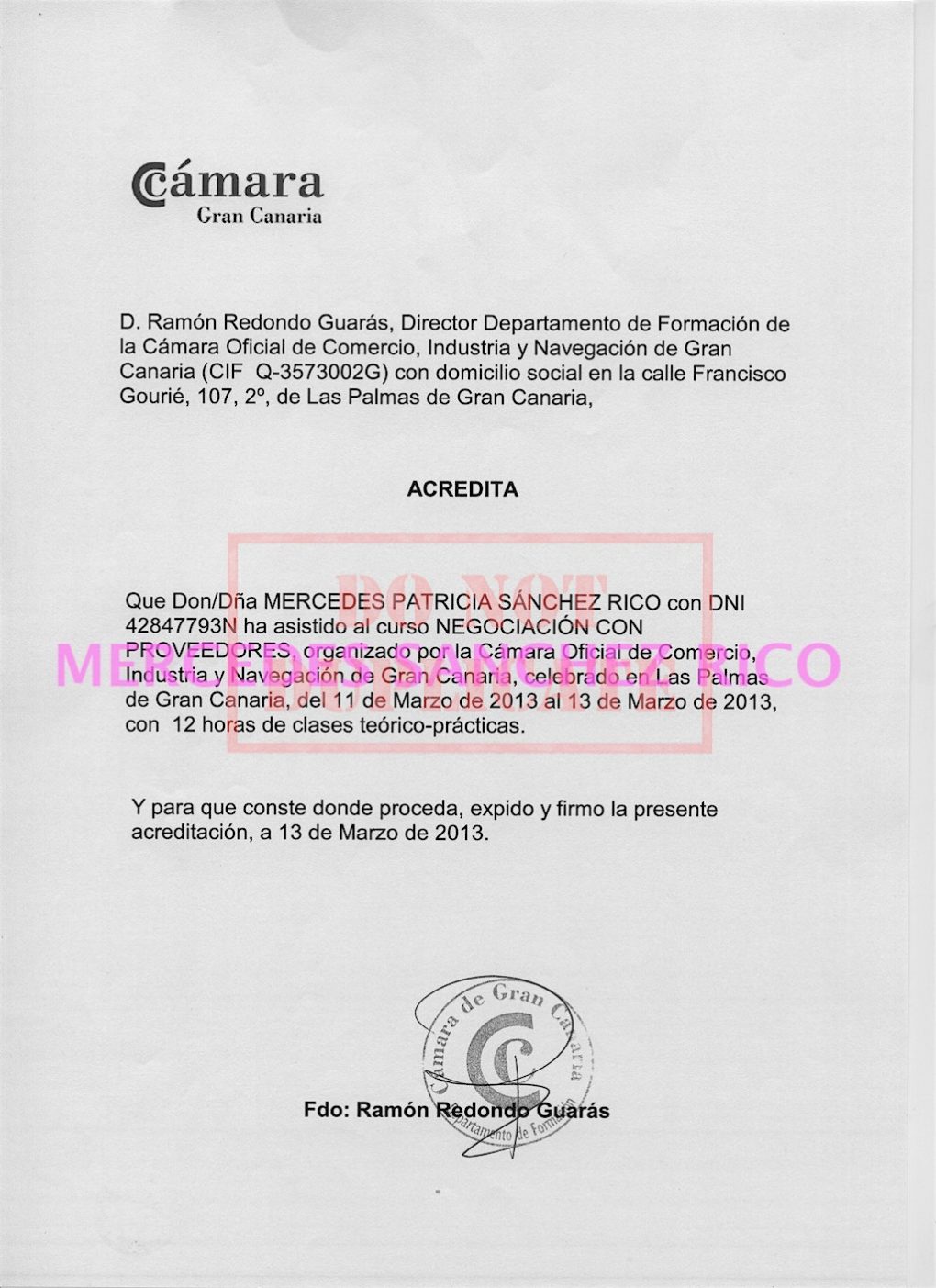 Diploma del "Curso Negociación con Proveedores" de  Mercedes Sánchez Rico. Ingeniero Civil – Las Palmas de Gran Canaria. @mercedesitop