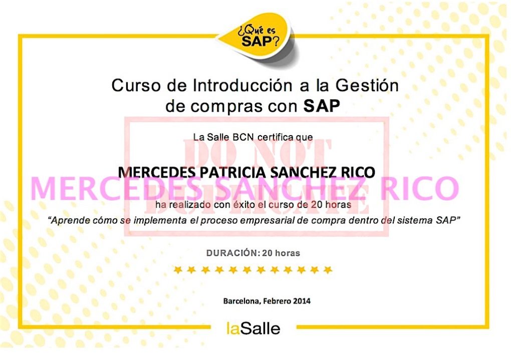 Diploma del curso de "Gestión de Compras con SAP" de  Mercedes Sánchez Rico. Ingeniero Civil – Las Palmas de Gran Canaria. @mercedesitop