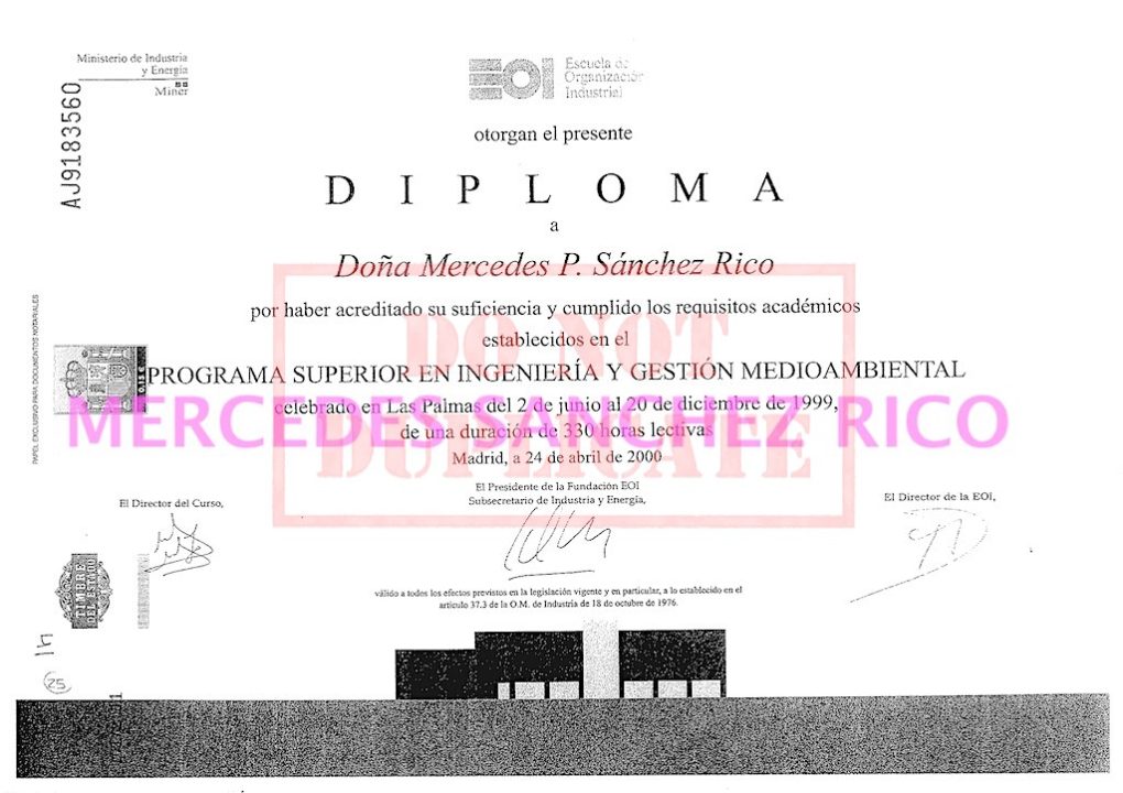 Diploma del "Programa Superior de Ingeniería y Gestión Medioambiental" de  Mercedes Sánchez Rico. Ingeniero Civil – Las Palmas de Gran Canaria. @mercedesitop