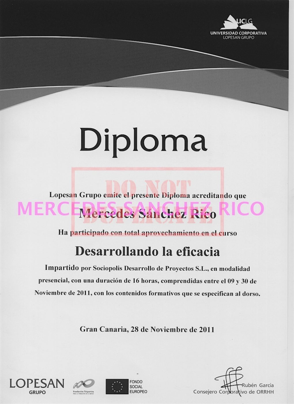 Diploma del "Curso Desarrollando la Eficacia" de  Mercedes Sánchez Rico. Ingeniero Civil – Las Palmas de Gran Canaria. @mercedesitop
