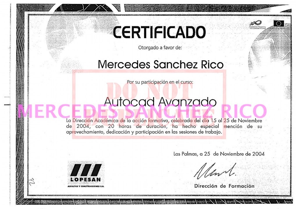 Diploma del "Curso de Autocad Avanzado" de  Mercedes Sánchez Rico. Ingeniero Civil – Las Palmas de Gran Canaria. @mercedesitop