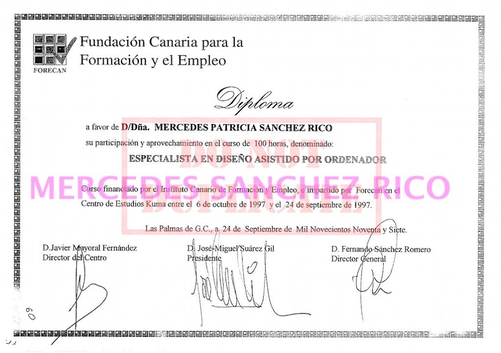 Diploma del curso de "Especialista en Diseño Asistido por Ordenador - AutoCAD" de  Mercedes Sánchez Rico. Ingeniero Civil – Las Palmas de Gran Canaria. @mercedesitop