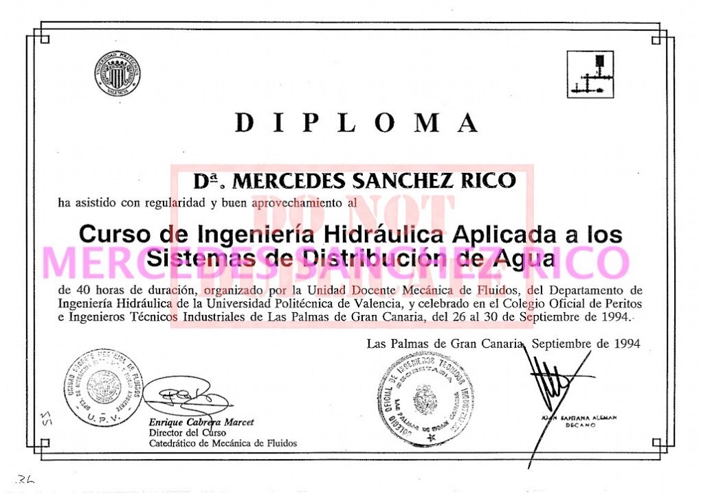 Diploma del "Curso de Ingeniería Hidráulica Aplicada a los Sistemas de Distribución de Agua" de  Mercedes Sánchez Rico. Ingeniero Civil – Las Palmas de Gran Canaria. @mercedesitop